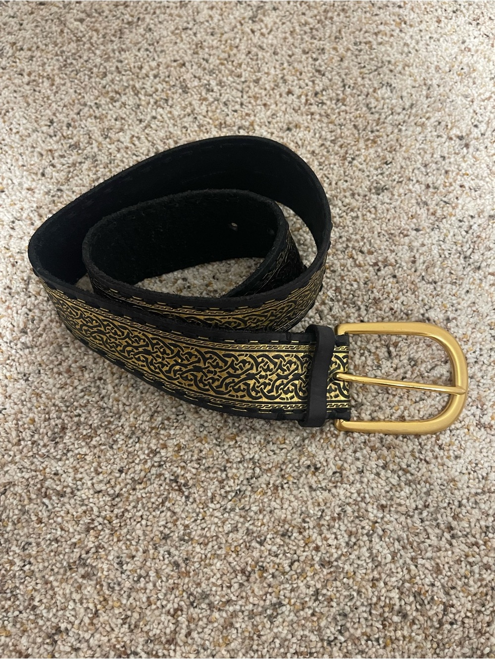 Solid BRASS - Black Leather Belt with Gold Celtic Embossed Detail
